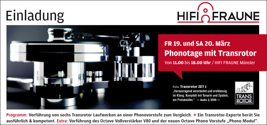 FR 19. und SA 20. März: Phonotage mit Transrotor / HIFI FRAUNE Münster 