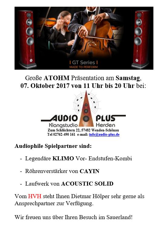 EINLADUNG zur High End in Südwestfalen mit KLIMO und ATOHM am 7. Oktober von 11.00 bis 20.00 Uhr 