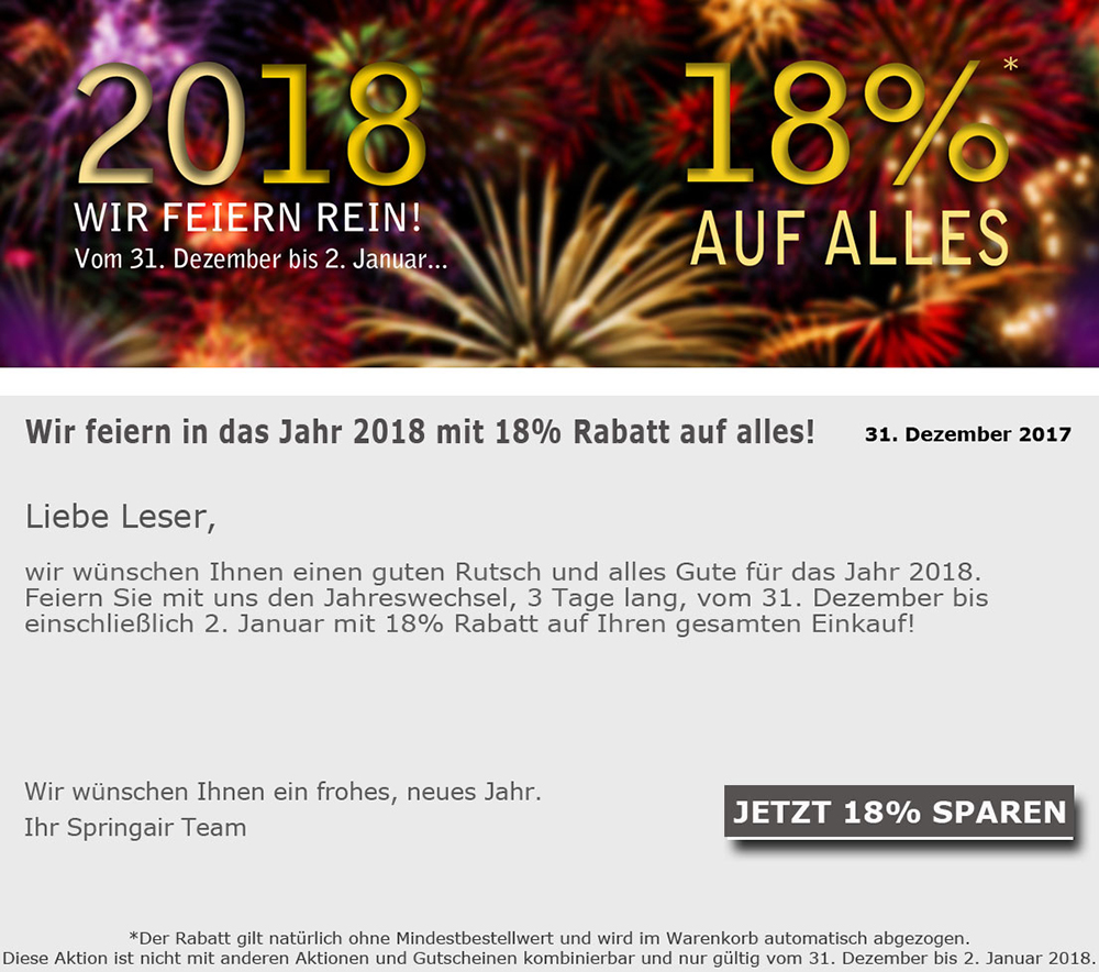 18% Rabatt zum Jahreswechsel auf alles! Guten Rutsch!