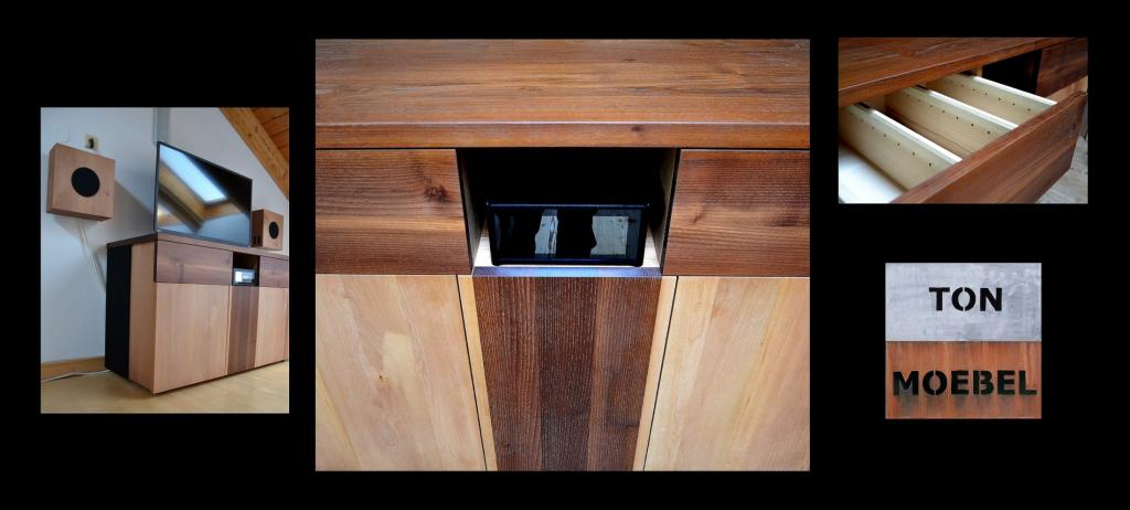 TonMoebel in Akazie/Erle mit integriertem DUO/Sub Massivholzlautsprecher GALUGG NAD M10 