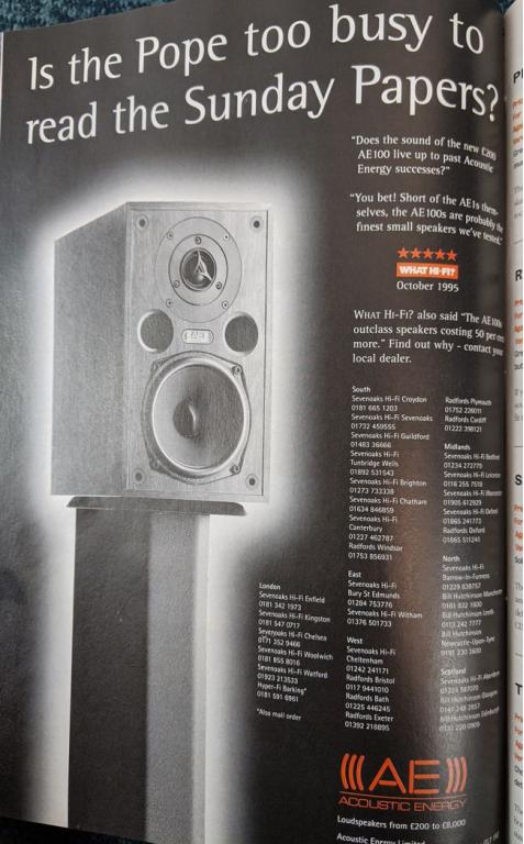13 absurd and amusing British adverts from the What Hi-Fi? archives  Ist der Papst zu beschäftigt um die Sonntagszeitung zu lesen? Acoustic Energy Lautsprecher