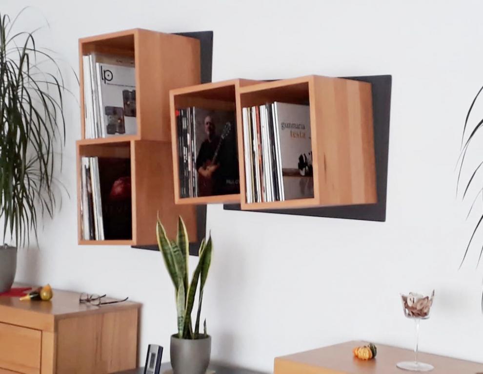 Das Schallplatten Regal mit den speziellen Fächern. Zur schonenden Aufbewahrung Ihrer Sammlung Das Schallplatten Regal mit den geneigten Fächern