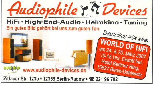 Wir laden ein: Am 24. / 25. März zur World of Hifi nach Dahlewitz Audiophile Devices Logo mit Messehinweis zur WOH