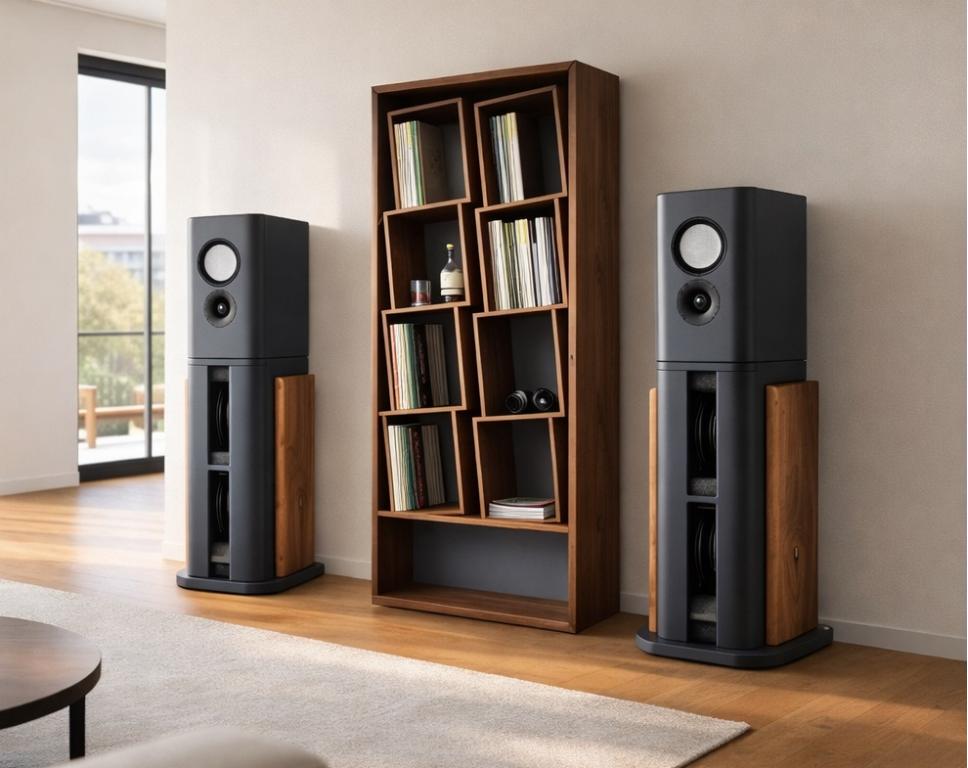 Vinyl trifft Charakter Schallplattenregal mit Hifi-Lautsprechern