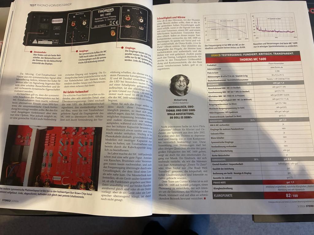 Supertest in der neuen STEREO 03/26 von der Thorens MC 1600 Phonovorstufe