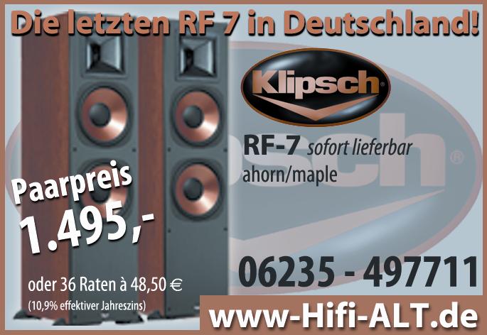 KLIPSCH RF-7 in AHORN limitierte Aktion bei Hifi-Alt.de!